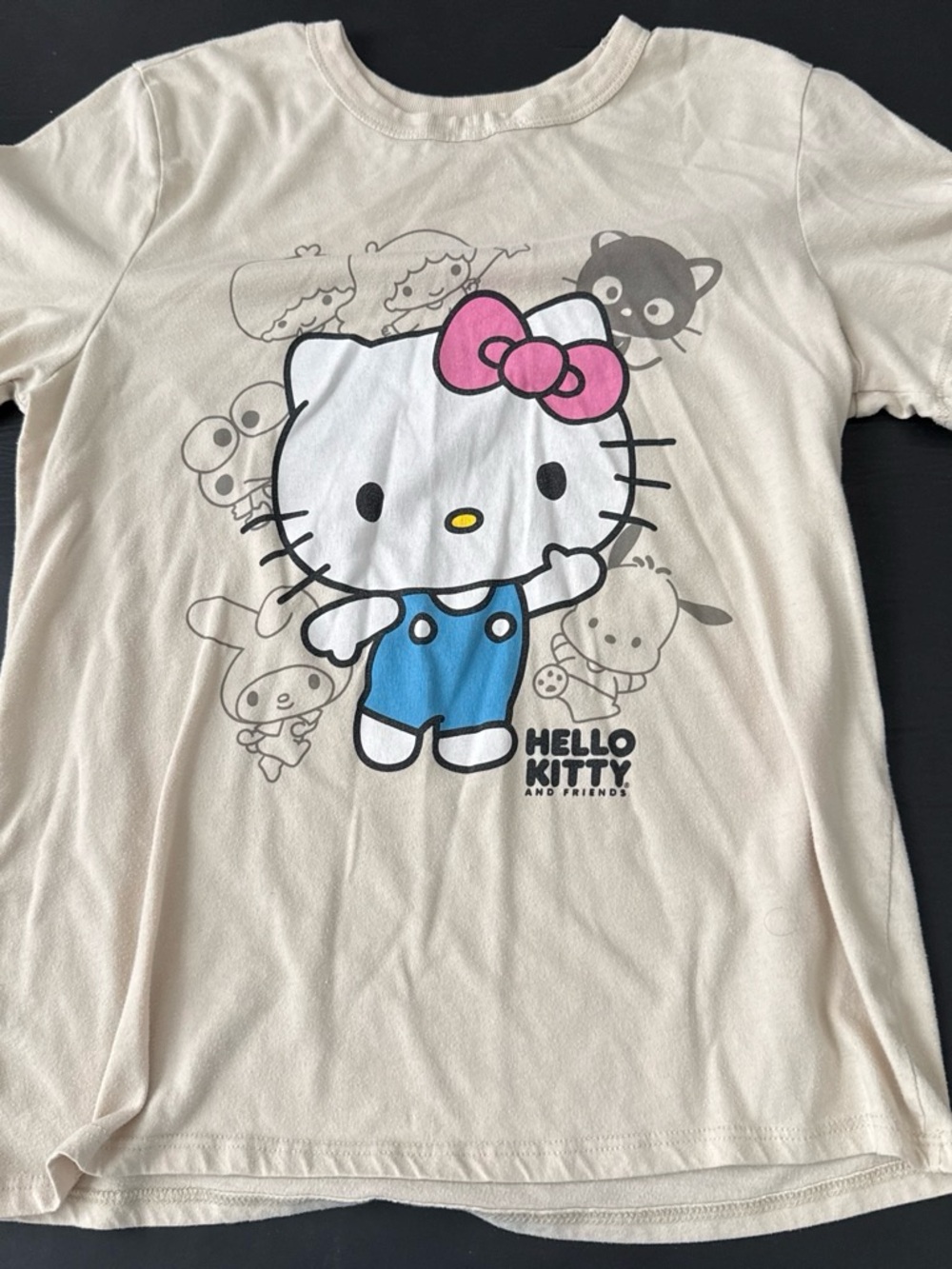 Sanrio Hello Kitty Cream Tee with Pink Bow and Blue Overalls